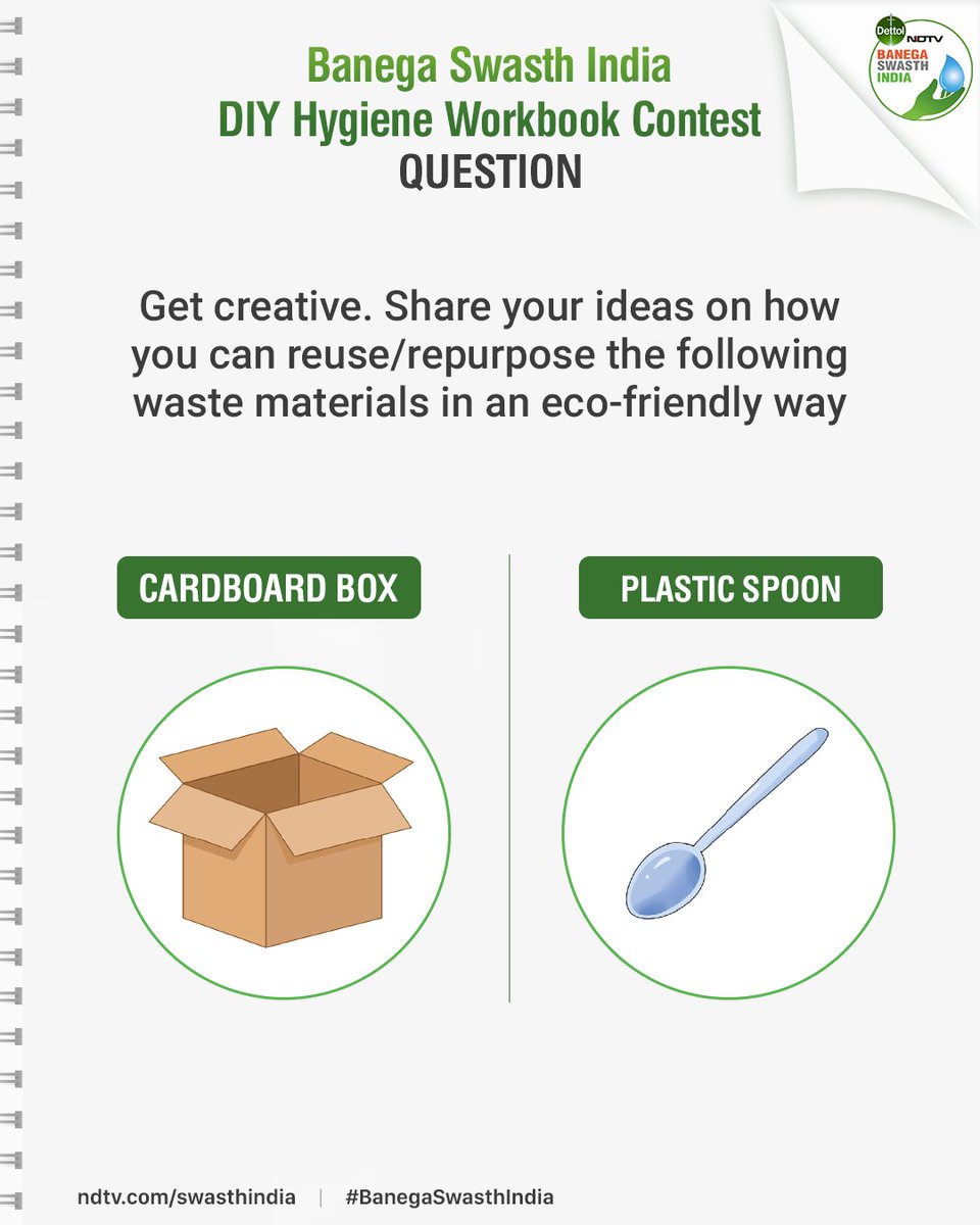 banegaswasthind's tweet photo. #BanegaSwasthIndia #Contest Q2 | Write and share pictures of two items that can be created from any of the given waste materials. Share your answers in the comment section.

Winners chosen from the correct entries through a lucky draw stand a chance to win vouchers worth Rs 1,000. T&C apply: https://t.co/tvialQF3fi

Watch out for the launch of the Dettol DIY Hygiene Workbook by Former Cricketer, Suresh Raina (@ImRaina) on May 5 at 4:30pm on @ndtv
24x7.

#WorldHandHygieneDay @ThisIsReckitt @DettolIndia