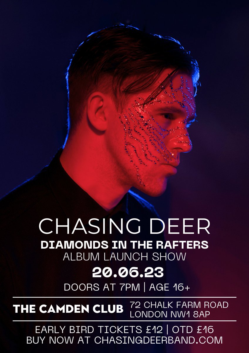 Chasing Deer (@chasingdeerband) on Twitter photo We'll be returning to the stage in London for the launch of a new album, 💎 Diamonds In The Rafters💎 - Tuesday, June 20th at <a href="/TheCamdenClubLD/">Camden Club</a>
🎟️ Don't miss out on the opportunity to see us live. Get your early bird tickets today! 🎟️
eventbrite.co.uk/e/chasing-deer… #london #albumlaunch We'll be returning to the stage in London for the launch of a new album, 💎 Diamonds In The Rafters💎 - Tuesday, June 20th at <a href="/TheCamdenClubLD/">Camden Club</a>
🎟️ Don't miss out on the opportunity to see us live. Get your early bird tickets today! 🎟️
eventbrite.co.uk/e/chasing-deer… #london #albumlaunch