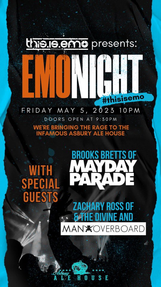 ThisIsEmoDotCom's tweet photo. We’re hosting Emo Night at @AsburyAleHouse with @brooksbetts of @maydayparade & Zac Ross of @ManOverboardNJ on Friday, May 5. No cover.
#thisisemo #justsayahh #maydayparade #manoverboard #defendpoppunk #doasbury #nj https://t.co/9T2RueiNEq