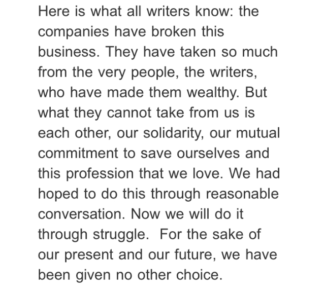 tithenai's tweet photo. The WGA is on strike. I urge you to read the announcement here &amp; to stand in solidarity with the union &amp; support striking members however you can. 

"We had hoped to do this through reasonable conversation. Now we will do it through struggle." https://t.co/dVQ8AF8QN5