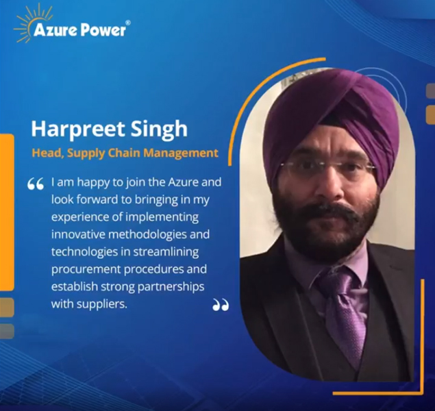 Independent Power Producer @AzurePowerSolar has announced the onboarding of Harpreet Singh as the Head of Supply Chain Management.

Read at bit.ly/40PXJKc

#solarenergy #renewableenergy #peoplemoves #solarindustry