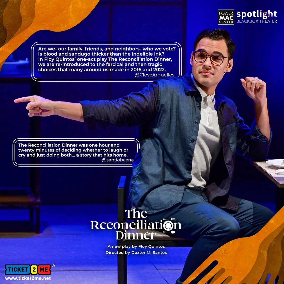 May nakaaway ka na rin ba dahil sa elections? This show is for you 😂

DON’T MISS the repeat run of 2022’s highly acclaimed play, The Reconciliation Dinner! Please support our showbuy for MAY 14, 3 PM

🎟️ bit.ly/May14at3pm
🎟️ ticket2me.net/e/37476/ticket…

<a href="/Nelsito_G/">gomez_nel</a> <a href="/phipalmos/">Phi Palmos</a>
