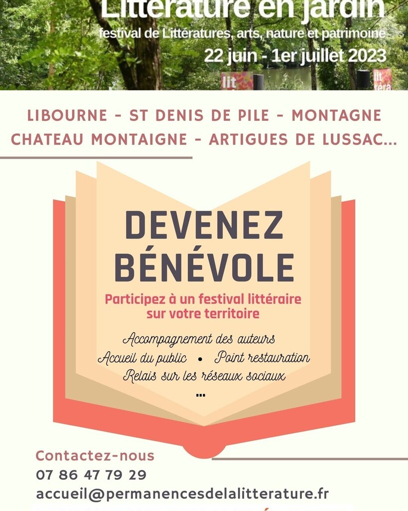 🔎 Nous recherchons des bénévoles pour nous aider à l'organisation du festival Littérature en jardin programmé du 22 juin au 1er juillet.

📚 Vous aimez la littérature, la #culture ? Vous vivez sur le territoire du grand libournais ou à proximité ? Vou… instagr.am/p/CrvMW5HtDT6/
