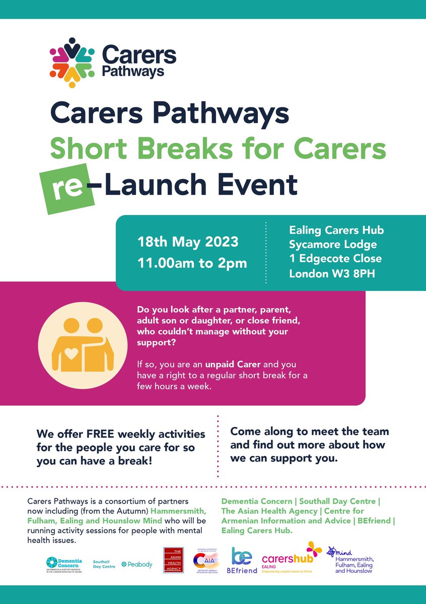 Carers Pathways (@carerspathways) on Twitter photo ๐ฆ๐ต๐ผ๐ฟ๐ ๐๐ฟ๐ฒ๐ฎ๐ธ ๐ณ๐ผ๐ฟ ๐๐ฎ๐ฟ๐ฒ๐ฟ๐ ๐ฟ๐ฒ-๐๐ฎ๐๐ป๐ฐ๐ต ๐๐๐ฒ๐ป๐ is happening 18th May 11am-2pm. Sycamore Lodge, W3 8PH
Everyone welcome!
<a href="/DementiaConcern/">Dementia Concern</a>
<a href="/PeabodyNewHomes/">PeabodyNewHomes</a>
<a href="/TheAsianHealth1/">The Asian Health Agency</a>
@BEfriendEaling
<a href="/Ealing_carers/">Ealingcarers</a>
#carerspathways #ealing #unpaidcarers ๐ฆ๐ต๐ผ๐ฟ๐ ๐๐ฟ๐ฒ๐ฎ๐ธ ๐ณ๐ผ๐ฟ ๐๐ฎ๐ฟ๐ฒ๐ฟ๐ ๐ฟ๐ฒ-๐๐ฎ๐๐ป๐ฐ๐ต ๐๐๐ฒ๐ป๐ is happening 18th May 11am-2pm. Sycamore Lodge, W3 8PH
Everyone welcome!
<a href="/DementiaConcern/">Dementia Concern</a>
<a href="/PeabodyNewHomes/">PeabodyNewHomes</a>
<a href="/TheAsianHealth1/">The Asian Health Agency</a>
@BEfriendEaling
<a href="/Ealing_carers/">Ealingcarers</a>
#carerspathways #ealing #unpaidcarers