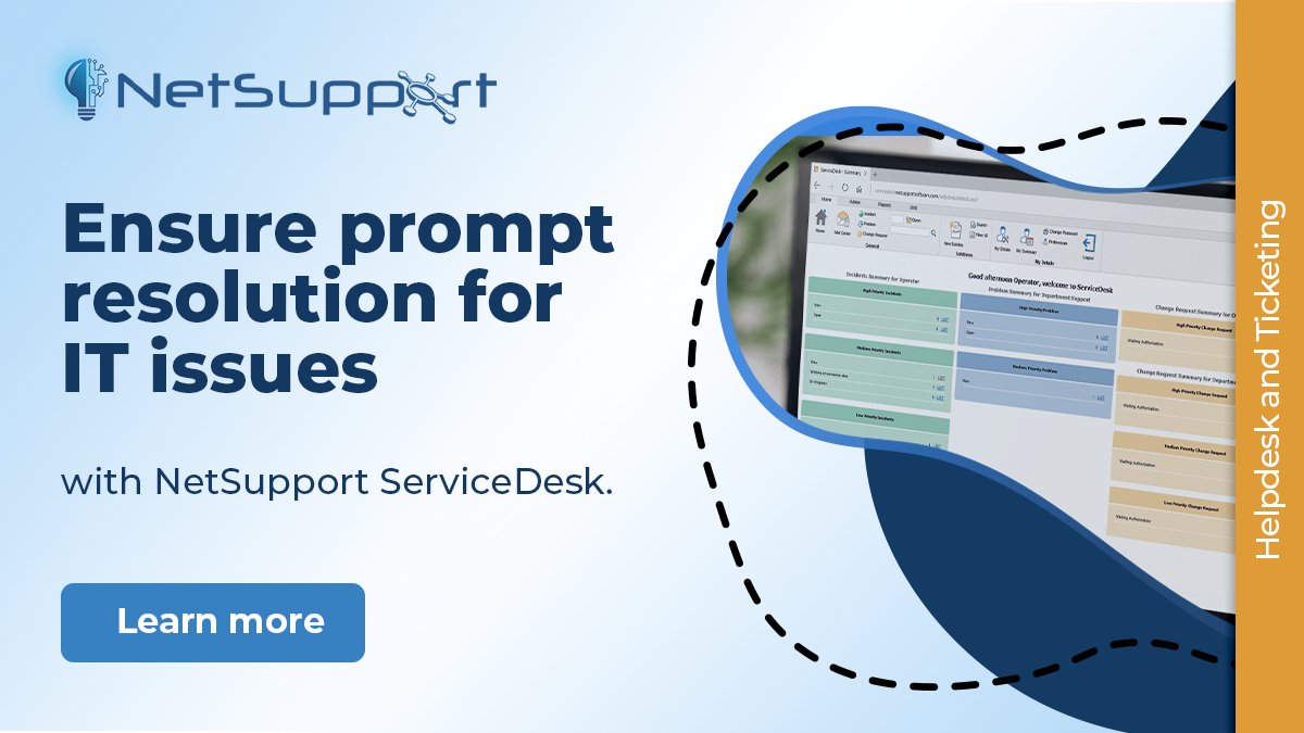 NetSupportICorp's tweet image. Improve your organisations help desk with NetSupport ServiceDesk! Collaborate, track, progress and ensure prompt resolution. Learn more mvnt.us/m1402905
#HelpDesk #IssueResolution