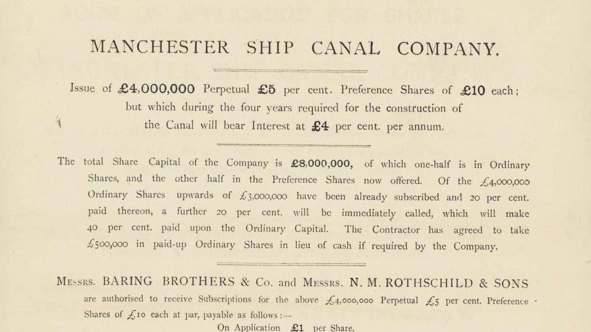 In 1886 the Manchester Ship Canal Company was formed to build a 35 mile long canal from the River Mersey at Eastham to Manchester.  View the prospectus for an issue made in 1887 to finance its construction. #IndustrialHeritageMonth baring.access.preservica.com/archive/sdb:de…