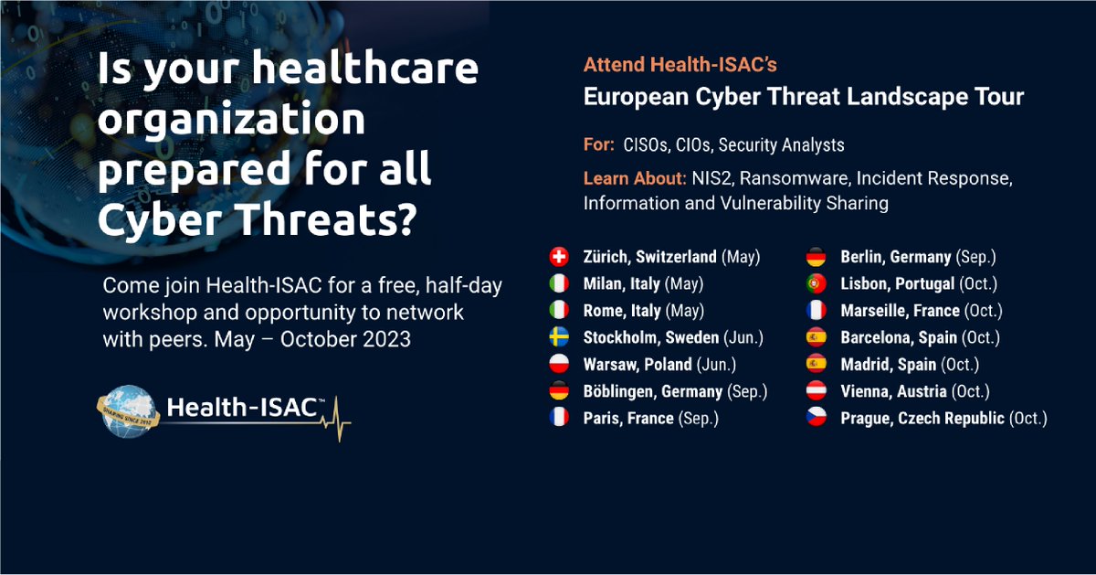 The Cyber Threat Landscape Tour is coming to European healthcare security professionals! Attend the workshop most convenient to your location. June: Helsinki, Stockholm and Warsaw.  Discuss #NIS2, #Ransomware, #IncidentResponse, @Google EMEA Initiatives.
https://t.co/1mUOyGDN3e https://t.co/t9fyDNkW4o