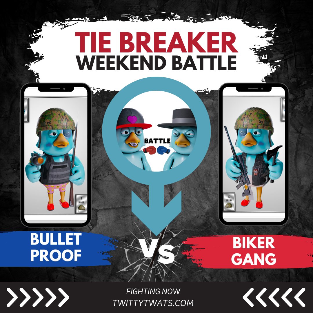 TwittyMeme4Ever's tweet photo. ๐ซWeekend Battle - TIE BREAKERโ๏ธ
"Bulletproof Vest" VS "Biker Gang"
Offense Only Lowest Score Wins
(MUST count both weapons, not defense)
MINUS 1 POINT for each tag (capped at 4)
MINUS POINTS for #BattleFlags
MUST POST ACCURATE SCORE TO QUALIFY
Comment your bird(s) one at a time directly on this post to play them
If a lower scoring bird defeats you by Tweeting on your comment their winning bird & says #TwittyDown your bird will NOT count...UNLESS REVIVED
HEADPHONES are the medic & can revive those with same armor trait
MOST total birds standing for their team (body armor) wins
Comment (play) Bird = SCORE
Defeated Bird = NO SCORE
Revived Bird = SCORE
Cannot be defeated again after being revived