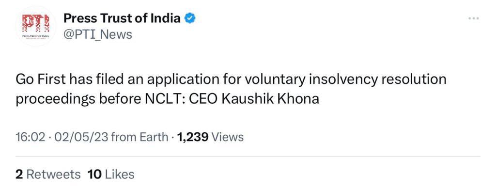tpshahil's tweet photo. BIG 

- @GoFirst files for bankruptcy proceedings 

- Go CEO Khona says it has gone into it on its own 

⚡⚡⚡⚡ https://t.co/yAtvCuREMQ