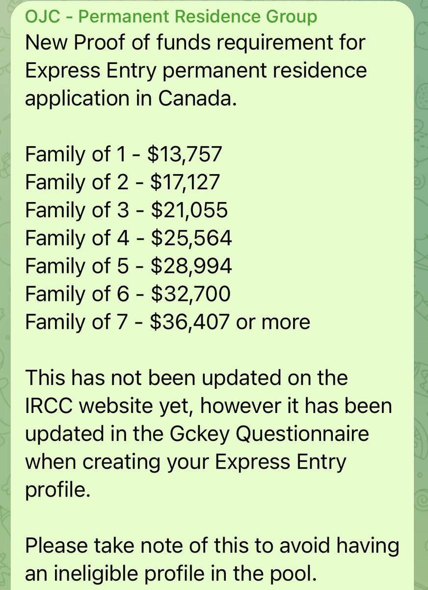 Olufemiloye's tweet photo. UPDATE: New proof of funds requirement for Express Entry Permanent Residence application in Canada

A lot of people are getting kicked out of the pool and becoming ineligible because they do not meet the new funds requirements

It’s not on IRCC website yet, but take note of this! https://t.co/Xr2JfheuyD