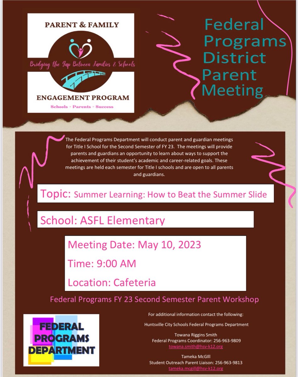 Summer Learning: How to Beat the Summer Slide - May 10, 9am, elementary cafeteria