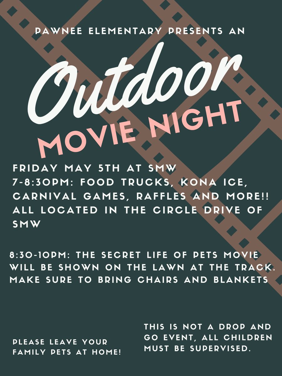 PawneePTA's tweet photo. THIS FRIDAY!! 📽🍿🍫
💥 Bring cash for the kettlecorn and raffle tix
💥Head to the candy table FIRST - EVERY CHILD will get a FREE box of movie theater candy!
💥The carnival games are FREE!
💥Food trucks will provide your dinner - just bring your wallet
💥Plus a pet adoption! https://t.co/f4YRhp8vgv