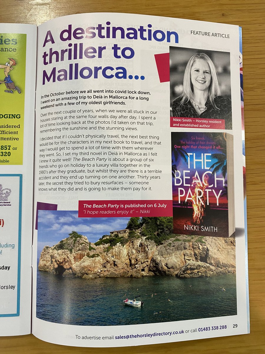 Nikki Smith (@mrssmithmunday) on Twitter photo So lovely to see #TheBeachParty featured in my local magazine <a href="/TheHorsleyD/">Horsley Directory</a> - it’s set in Deia, Mallorca & publishes on 6 July - a thriller about the price you pay for past mistakes…(and features some great ‘80s tunes!) 😎
bit.ly/3NW5dGL So lovely to see #TheBeachParty featured in my local magazine <a href="/TheHorsleyD/">Horsley Directory</a> - it’s set in Deia, Mallorca & publishes on 6 July - a thriller about the price you pay for past mistakes…(and features some great ‘80s tunes!) 😎
bit.ly/3NW5dGL