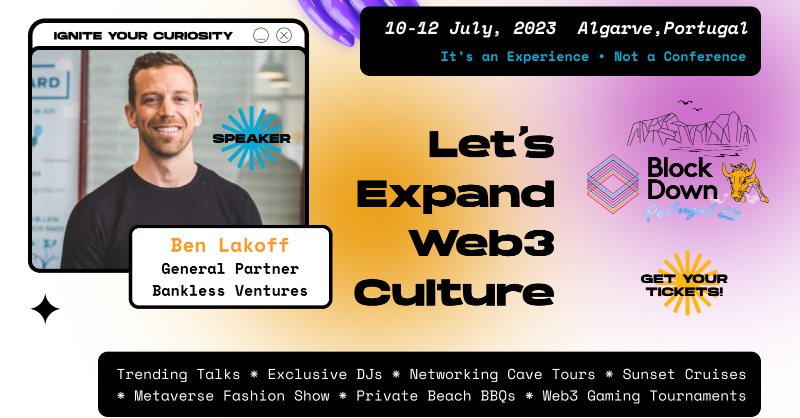 BlockDownConf's tweet photo. 📢 We're happy to announce that @benlakoff from @banklessvc, @definft, and @cryptomondaysla will be speaking at #BlockDown23
BlockDown is #NotAConference, it's a true Web3 experience with top international speakers, a Bored Ape Yacht Party, private beach bbqs, and much more!