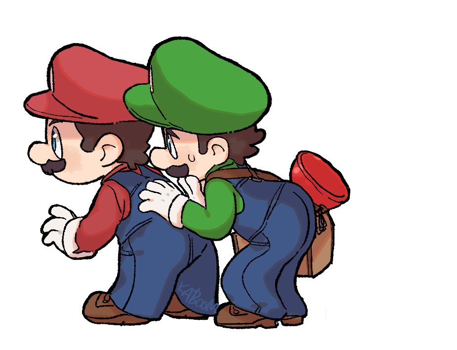 luigi ,mario 2boys red headwear multiple boys overalls hat male focus brothers  illustration images