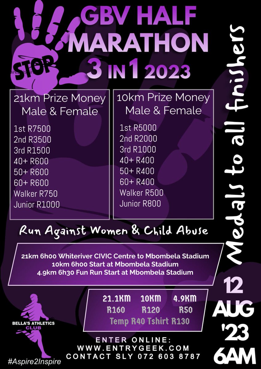 Bellas_AC's tweet photo. It's Official, one of the highest paying half Marathons is taking place on the 12th August 2023.
Hosted by yours Trully:
#BellasAC
#BellasGBVRace
#RunningwithBellas
#RunningWithTumiSole https://t.co/yVTXjwEBpL