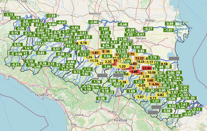 ⚠️📑#MonitoraggioER Piogge hanno alimentato piene prossime o superiori alla soglia 3 su #Samoggia #Idice #Quaderna #Sillaro e #Senio; superiori alla soglia 2 su #Tresinaro #Secchia #Tiepido e #Panaro. Previsti incrementi anche su #Lamone e #Montone 
➡️ bit.ly/3LnEAcQ