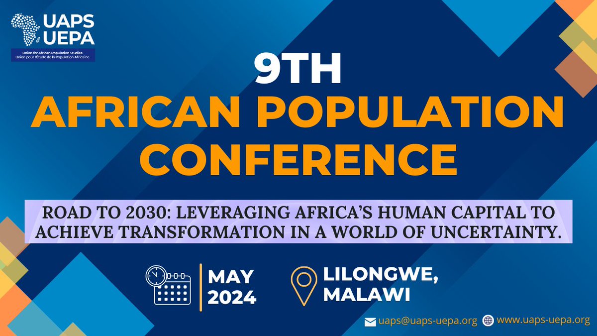 UAPS wishes to announce that the next African Population Conference (9th APC) will be held in May 2024 and will be hosted in Lilongwe by the Government of Malawi. Read more at African Population Conferences | Union for African Population Studies (UAPS) (uaps-uepa.org)