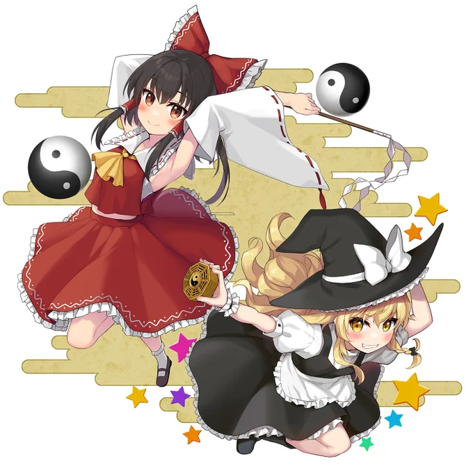博麗神社例大祭の20回記念グッズにお茶のペットボトルイラスト描かせていただきました!20回めでたい!!! 2枚めが実物サンプルです。 