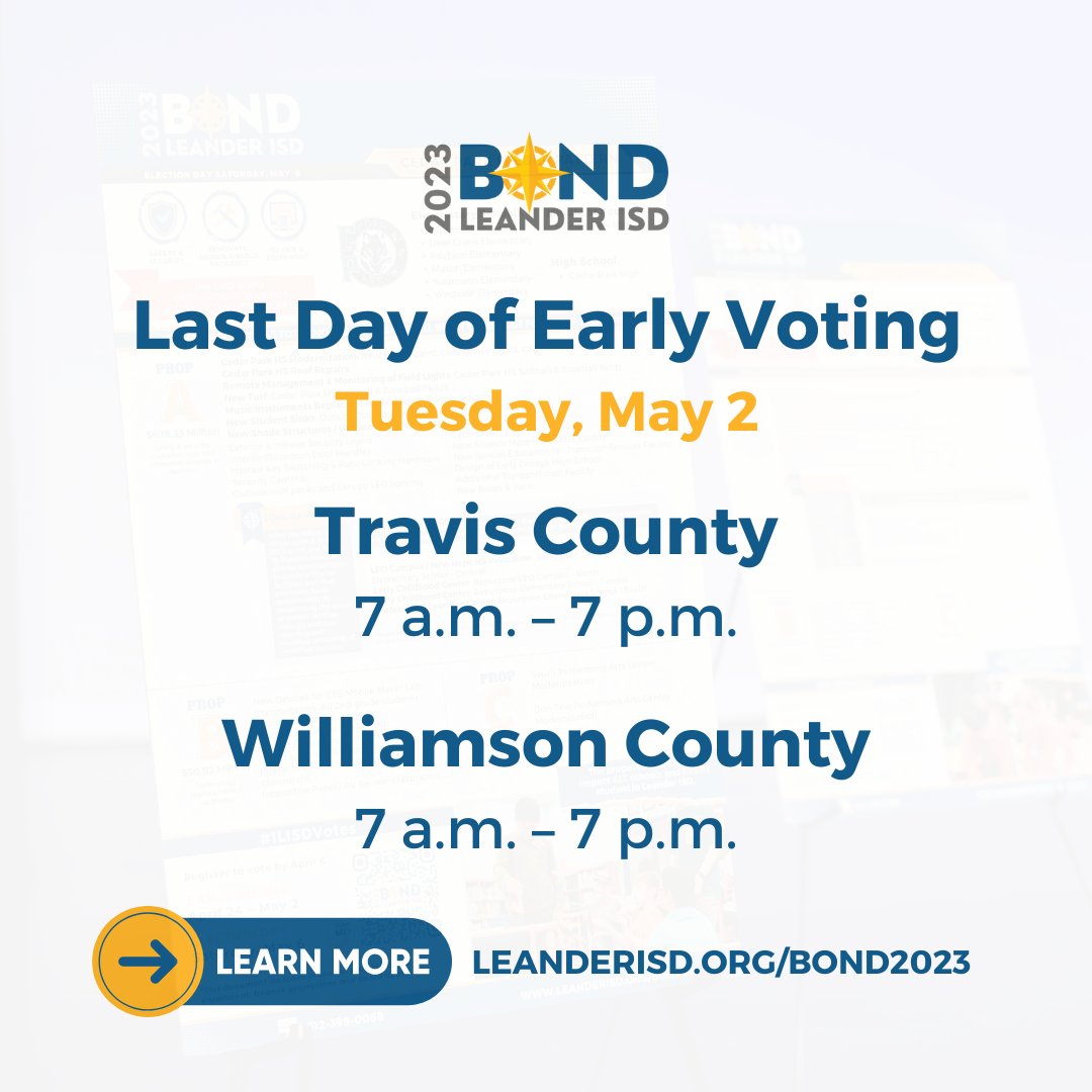 Today is the last day to early vote, #1LISD!

In both Travis and Williamson Counties, voters have from 7 a.m. to 7 p.m. Tuesday, May 2, to early vote before election day on Saturday, May 6.

Travis County: bit.ly/42oJ7CX
Williamson County: bit.ly/3nfoeuY