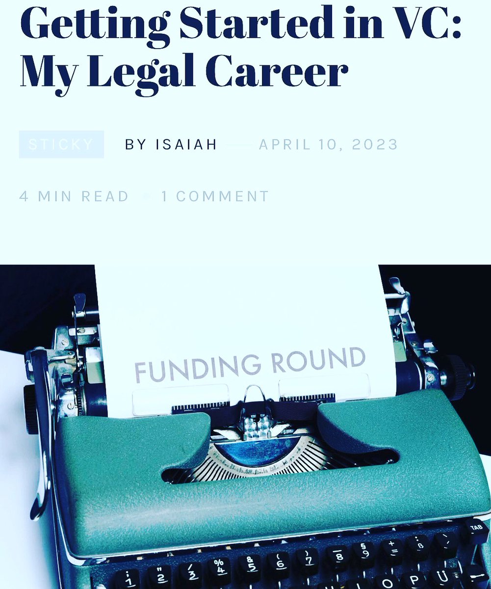Good Morning!

I’m often asked how I got my start in the startup/VC ecosystem and because it’s a long story I decided to write about it. Here’s Part 1, which is all about my legal career. Part 2 is coming on Thursday :) 

investingwithisaiah.com/2023/04/10/get…

#mycareer #lawyerslife
