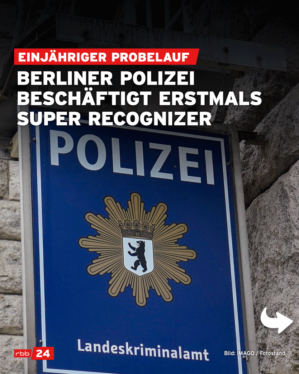 rbb24's tweet image. Sie können sich Gesichter außergewöhnlich gut merken: #SuperRecognizer. Bei der #Berlin​er Polizei haben nun vier von ihnen ihre Arbeit aufgenommen - zunächst in einem einjährigen Probelauf. Dadurch sollen Serientaten schneller aufgeklärt werden. 📷 rbburl.de/superrecognize…