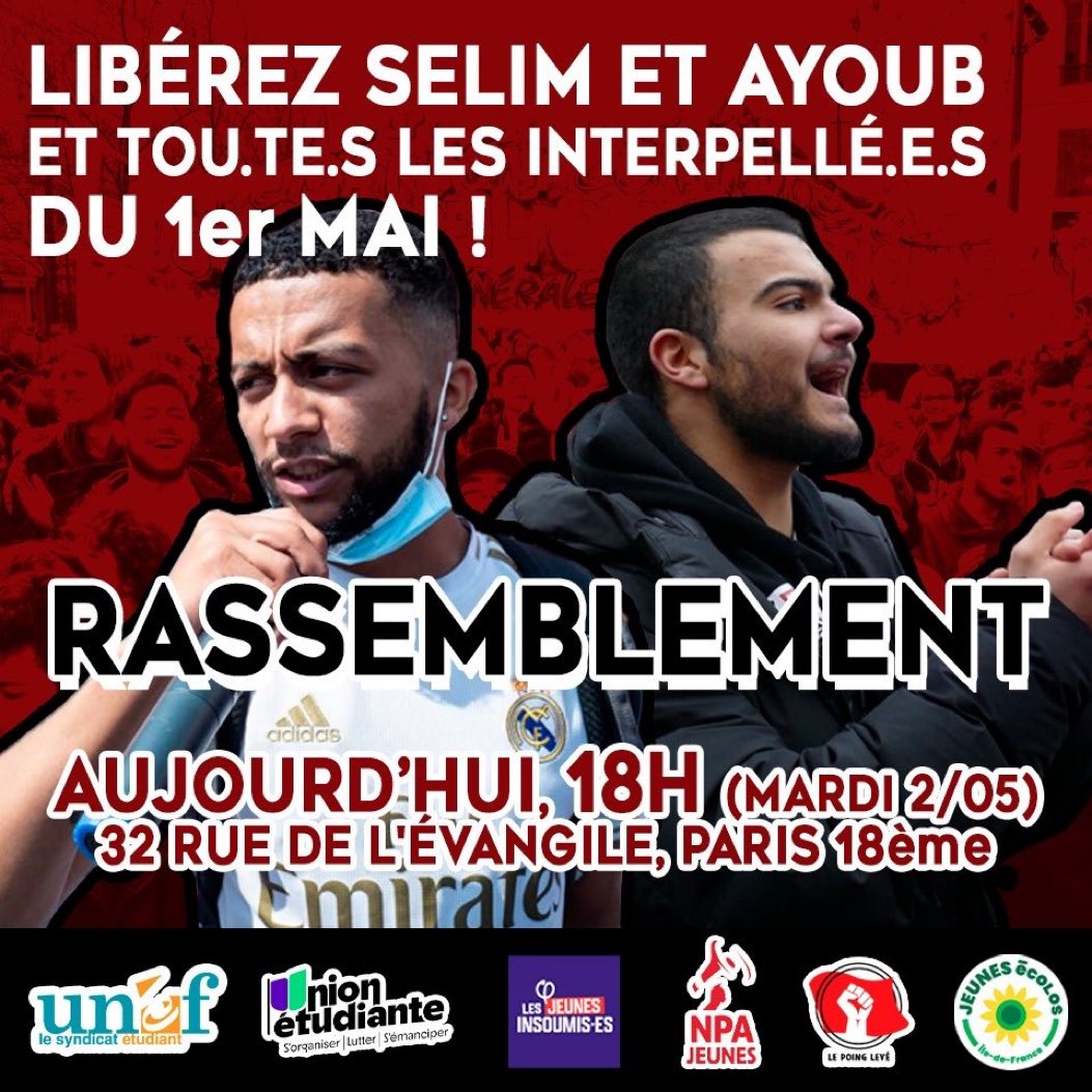 InsoumisJeunes's tweet photo. Jamais la répression policière ne nous empêchera de lutter !
Soutien à nos camarades interpellé•es à travers la France et pensées aussi à notre camarade #XavierMathieu qui fait l’objet d’un harcèlement policier depuis des semaines.
#1erMai https://t.co/mKPCAgPvvR