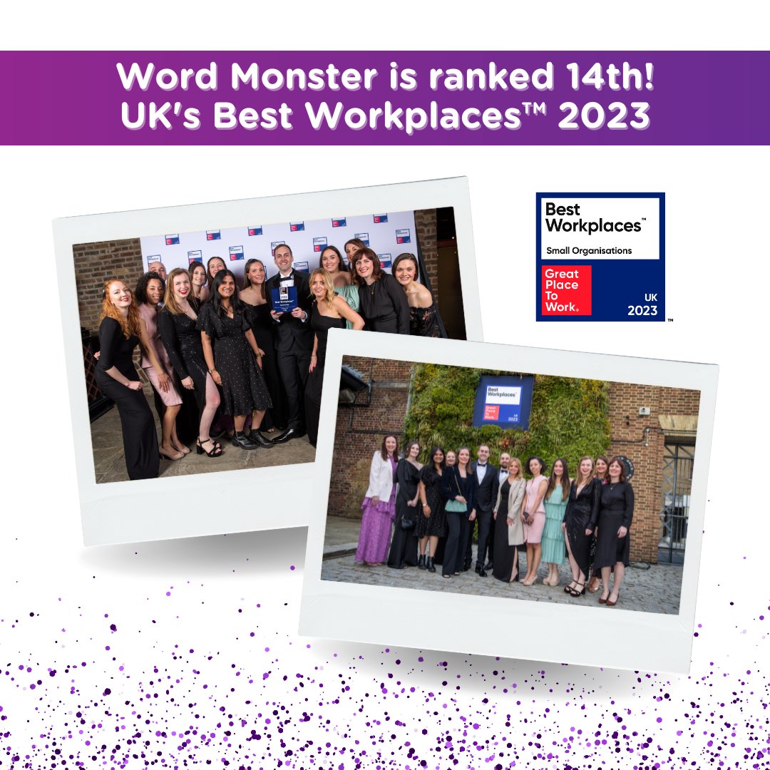 Last week we had the honour of attending the #GPTWAwards @GPTW_UK.

Word Monster is 14th of the UK's Best Workplaces™! 👏🥳🏆

We couldn't be more proud... our monsters are what truly make #WordMonster a great place to work. 💜

bit.ly/3ARQxT7

#GPTW #ukbestworkplaces