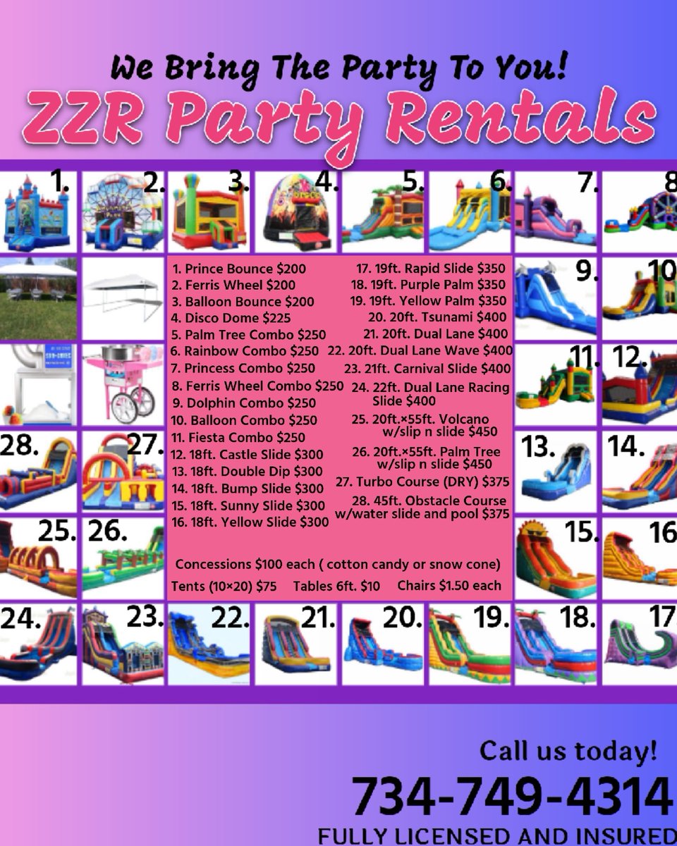 zzrpartyrentals's tweet image. Follow us for special offers and updated inventory🎉 ZZR Party Rentals 734-749-4314. Fully licensed and insured, with no deposit required for hassle and worry free reservations📣 #bouncehouse #waterslide #inflatablewaterslide #bouncycastle #moonwalk #partyrentals #partyideas