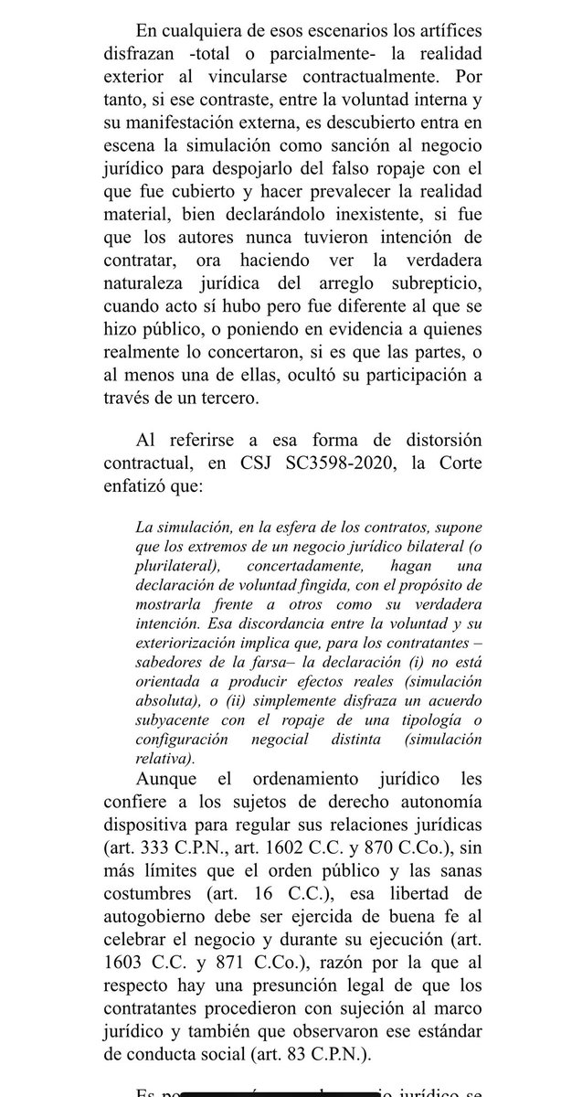 jairoparrac's tweet image. SIMULACIÓN. ABSOLUTA Y RELATIVA. PRUEBA. PRESUNCIÓN DE REALIDAD DEL NEGOCIO. CSJ (SC097-2023): El negocio jurídico se presume acorde con la voluntad de los contratantes, excepto que probatoriamente se justifique lo contrario. Por tanto, el éxito de la acción exige derrumbar la…
