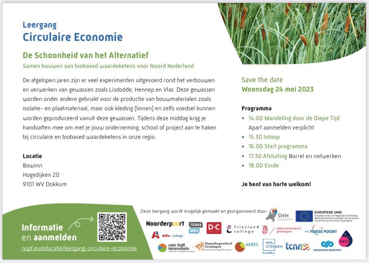 Op woensdag 24 mei is het weer zo ver, de volgende sessie van de leergang circulaire economie! Deze keer over de Schoonheid van het Alternatief. Daar wil je bij zijn! 👇🏼 #biobased #biogrondstoffen #NoordNederland