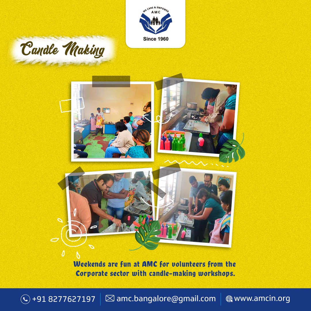 #candlemaking
Weekends are fun at AMC for volunteers from the corporate sector with candle making workshops
#AMCWeekends #CorporateVolunteers #CandleMakingWorkshop #WeekendFun
#CorporateSocialResponsibility #CommunityEngagement #bangalore #BangaloreNGO #BangaloreCharity