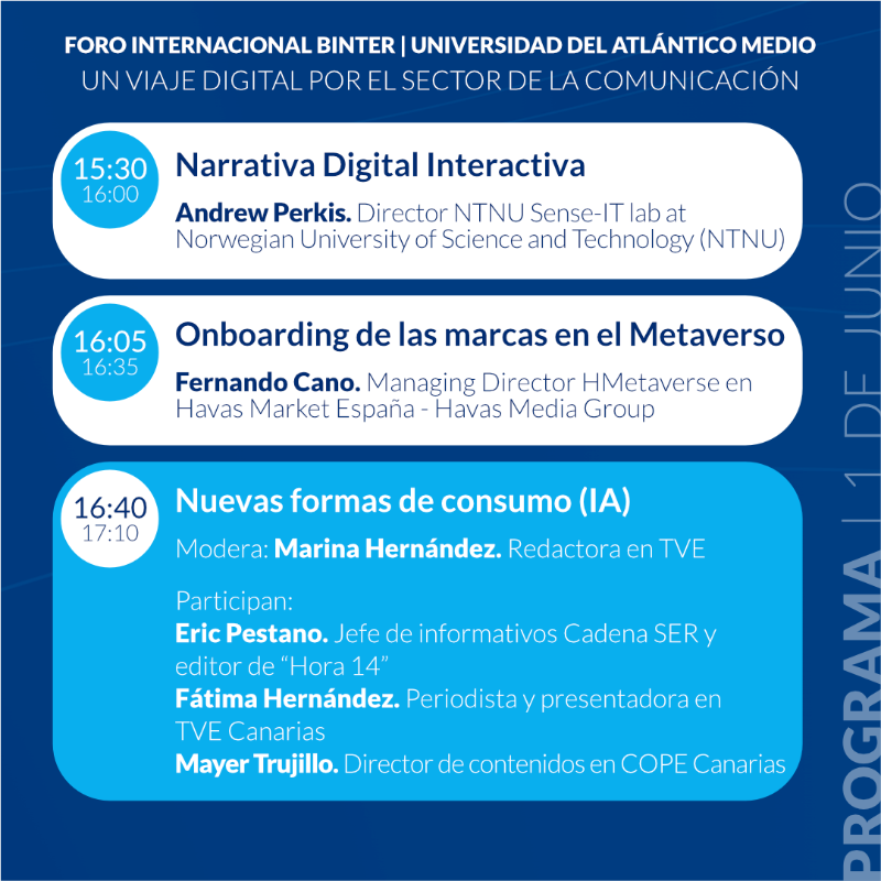 atlanticomedio's tweet photo. 📣 El Foro Internacional @bintercanarias UNAM, ‘Un viaje digital por el sector de la comunicación” ya tiene programa oficial sobre la convivencia actual y el futuro del sector de la comunicación y las nuevas tecnologías. 

Conoce el contenido completo e inscríbete aquí 👇