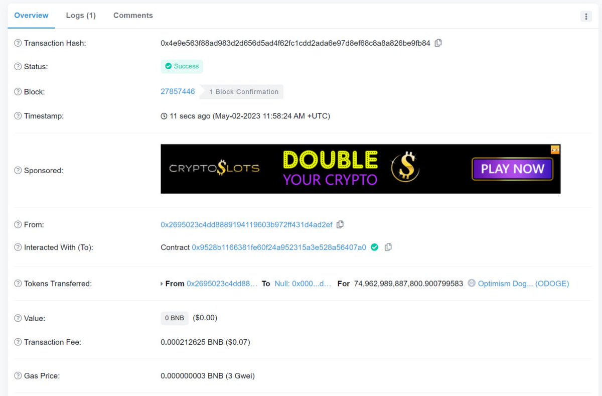 May Scheduled Burn Plan (2/31) 💣💥

🔍 BSCscan: 

bscscan.com/tx/0x4e9e563f8…

We buyback 1300USDT and burn 74,962,989,887,800 $ODOGE token🔥

All for burning and burning🔥🔥🔥

The buyback and burn plan will last for 31 days, during which we will buy back ODOGE from the market and