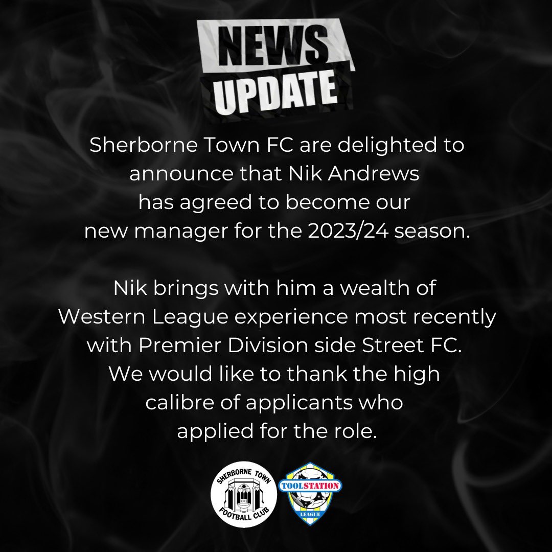 SherborneTownFC's tweet photo. Breaking news!! 
We have a new manager taking over ahead of the 2023/2024 @TSWesternLeague Premier season #Zebras #COYZ #WelcomeNik @tswlfans @swsportsnews @Abbey_104 @sherbornetimes @NonLeagueCrowd @sportwestdorset @DorsetCFA https://t.co/iIJW1h1Vk1