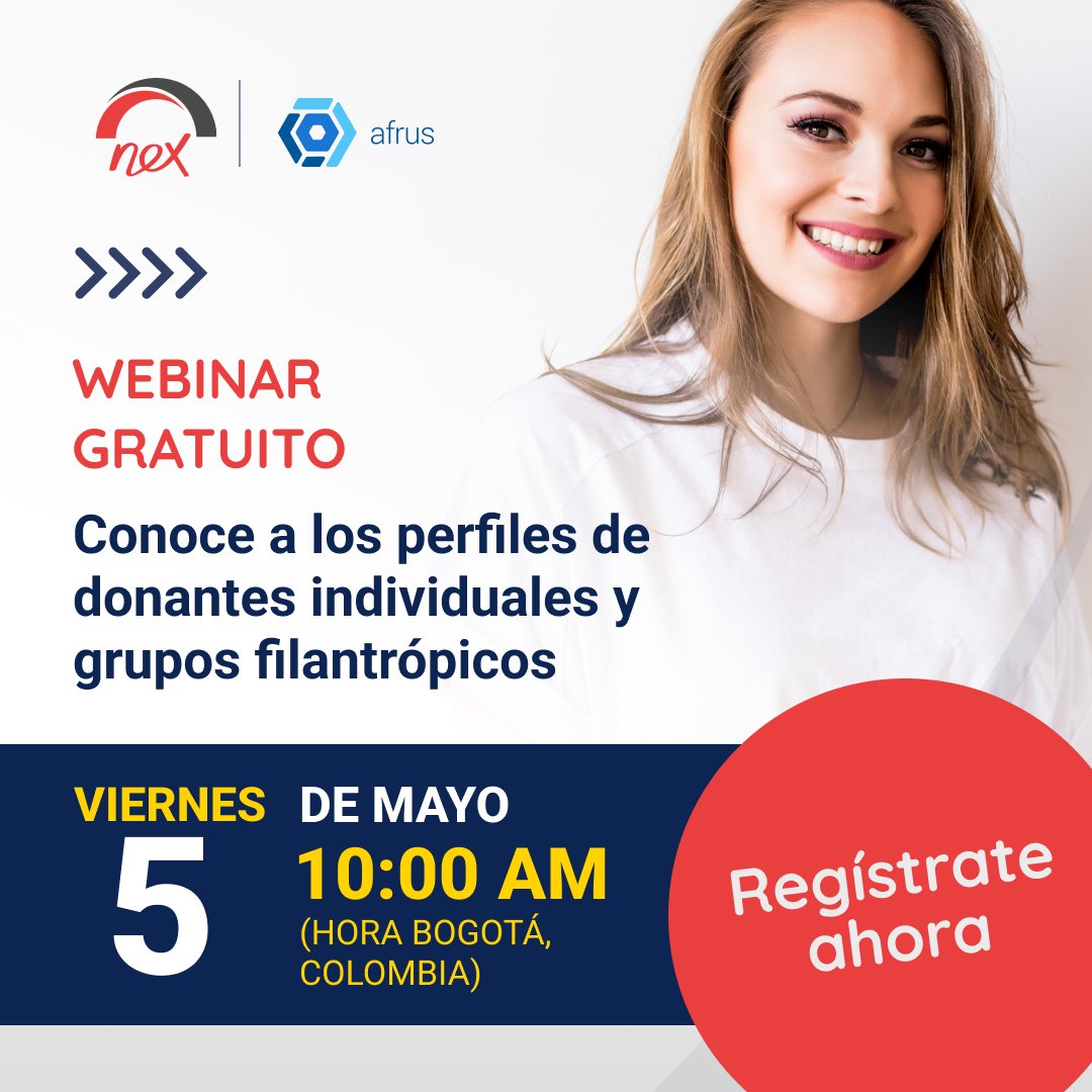 nexconsultores's tweet image. #NuevoWebinar | 📣Conoce la diversidad de los perfiles de los donantes individuales para incluirlos en tus futuras Campañas de Posicionamiento y Recaudación de Fondos. 

Webinar en alianza con AFRUS App de Colombia🇨🇴

✅Inscríbete aqui: event.webinarjam.com/register/205/g…