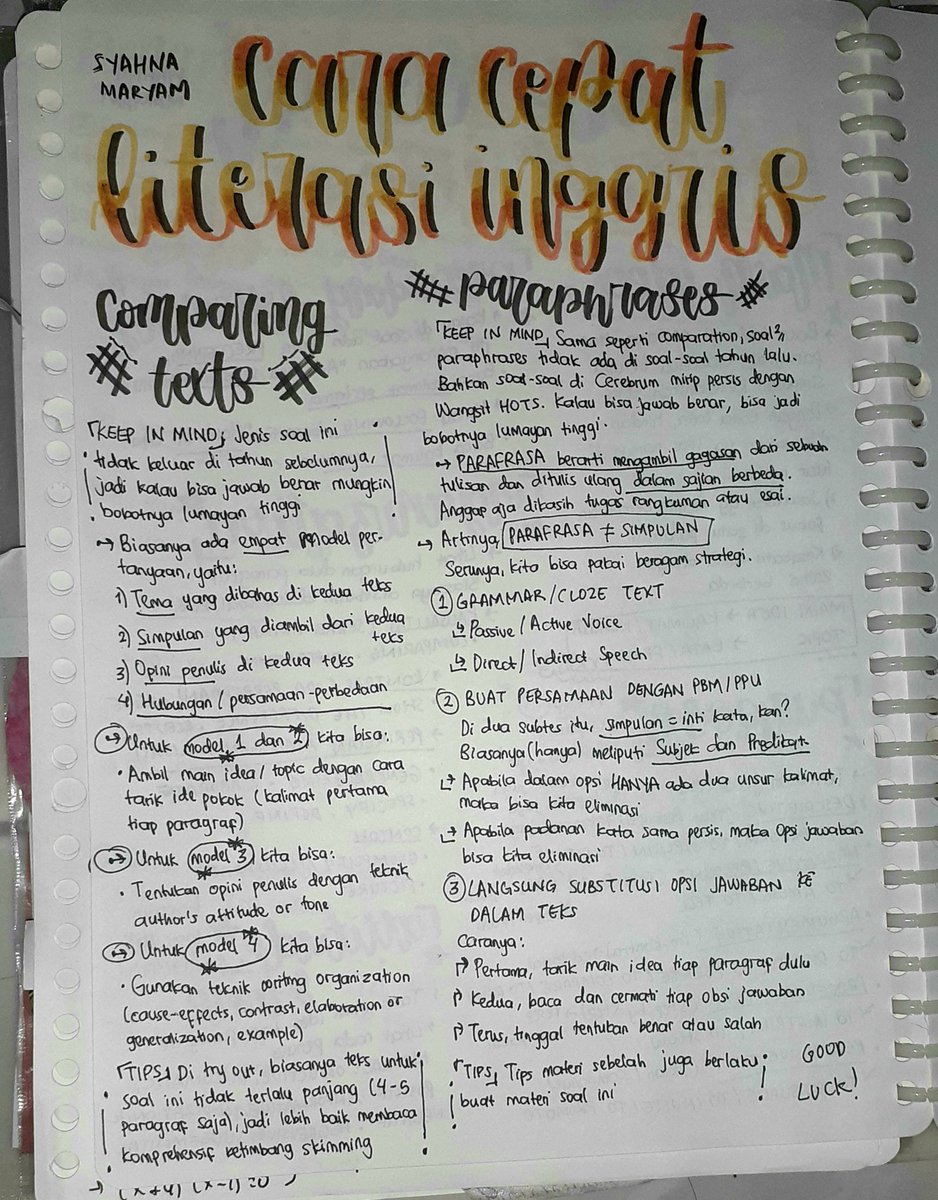 shoorreal's tweet photo. CATATAN CARA CEPAT LITBING/CARCEP LBE PART 2

Kali ini kita "utak atik" materi Comparing Texts sama Paraphrases. Dua materi ini sebelumnya gak ada di soal-soal tahun lalu, lho! Jadinya kalau bisa jawab bener mungkin bobotnya tinggi

• Harusnya ada summarizing, tp aku blm ngerti https://t.co/FOnBA6l1DM
