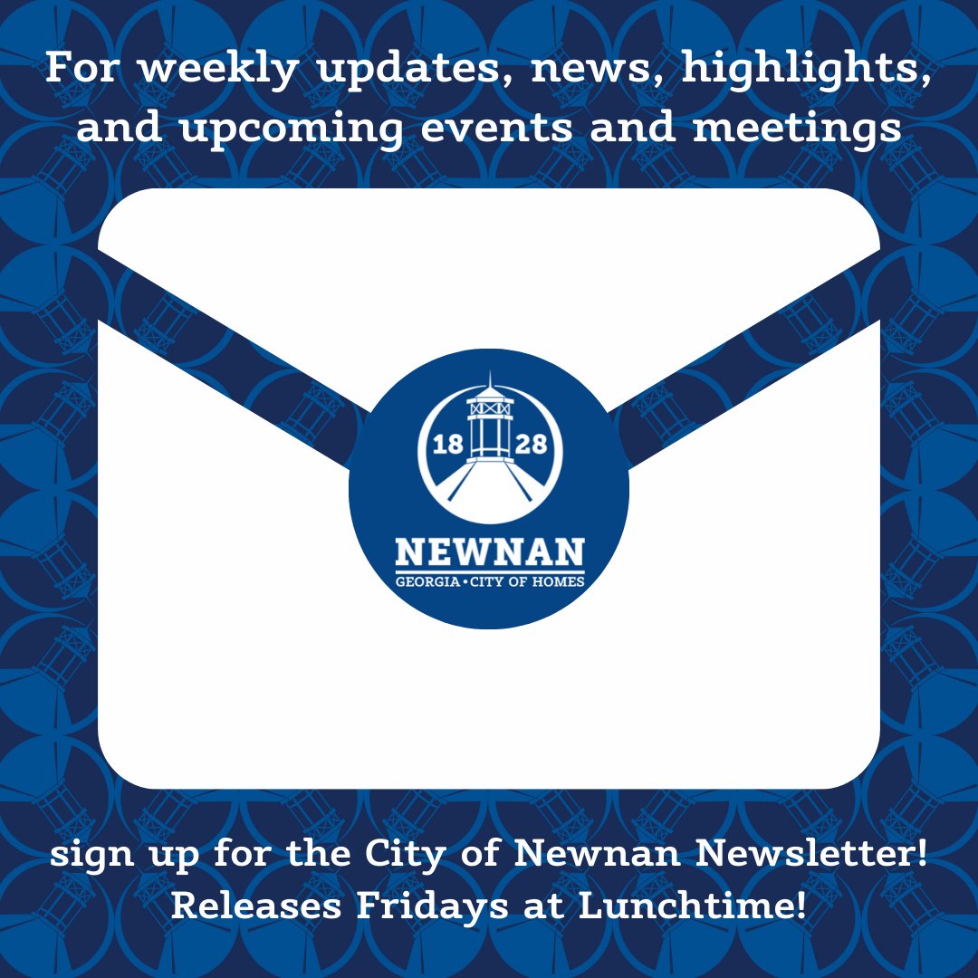 Excited for City events and news in 2023? For weekly updates, news, highlights, and upcoming events and meetings, sign up for the City of Newnan Newsletter! The weekly newsletter releases every week around lunchtime on Fridays.
Sign up here: lp.constantcontactpages.com/su/FcNWIti/wee…