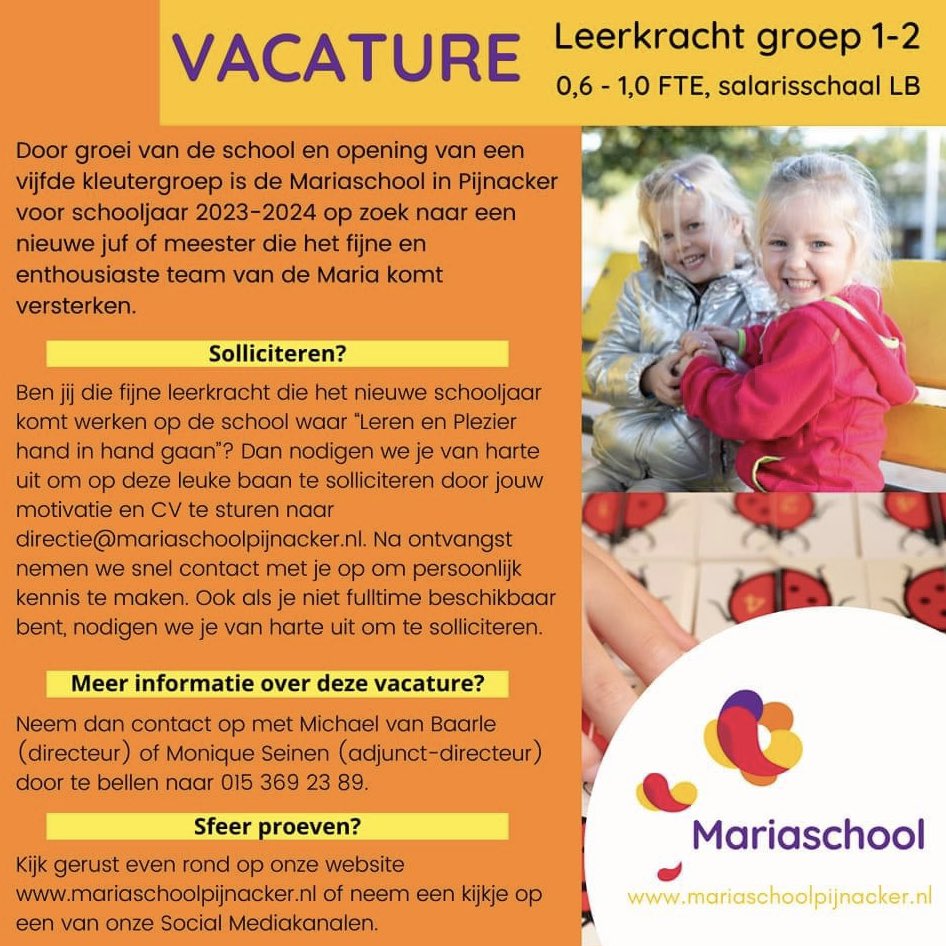 VACATURE <a href="/MariaschoolSKOP/">Mariaschool Pijnacker</a> 

Ben jij die nieuwe (bijna) gediplomeerde leerkracht die we volgend schooljaar mogen verwelkomen op onze fijne school? Reageer dan op deze mooie vacature! 

#basisonderwijs #vacature #kleuters #pijnackernootdorp #nieuweuitdaging #delenwordtgewaardeerd