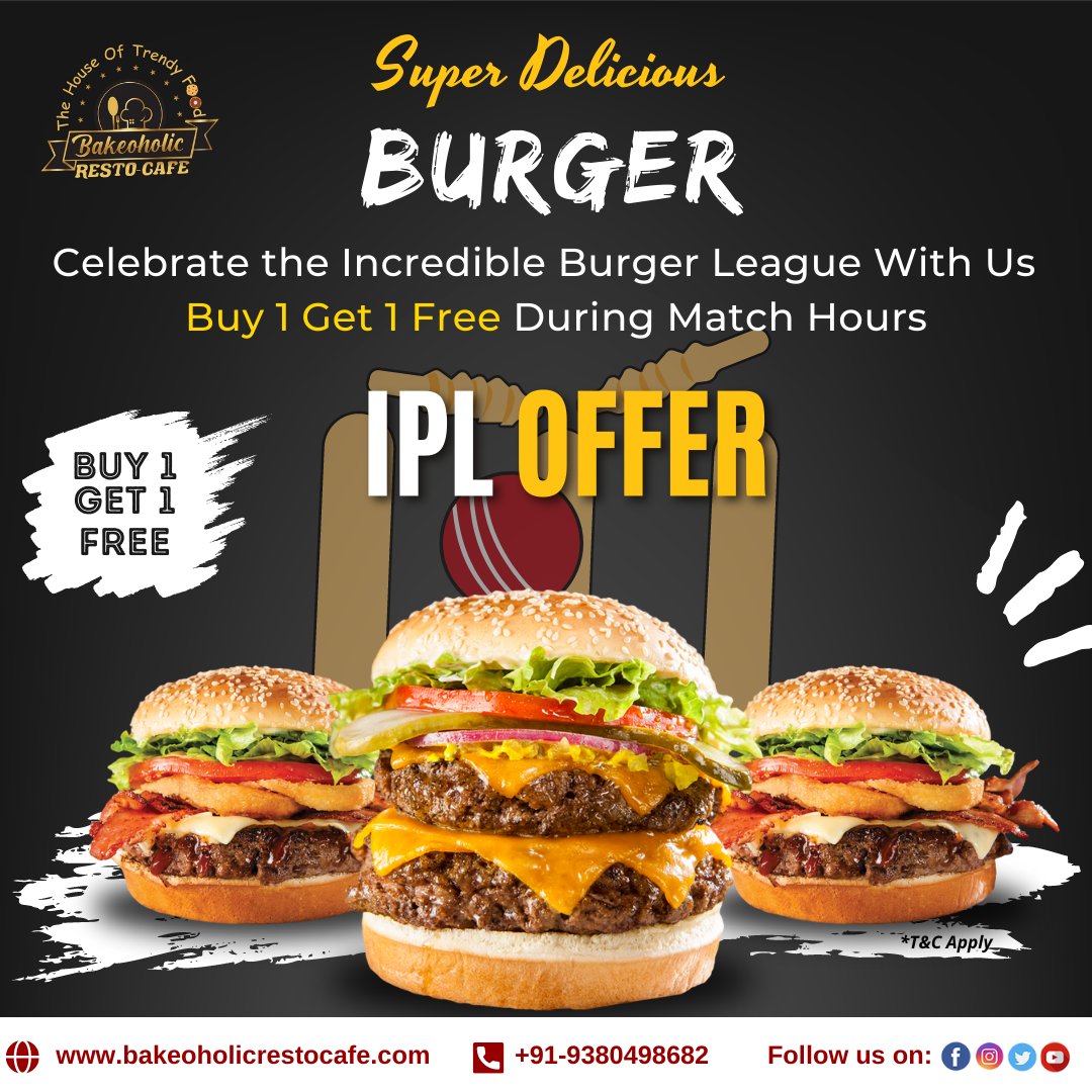Bakeoholic: The best place to watch IPL 🏏and enjoy delicious food 😋
Buy one and get one burger free 🍔 during match hours 🕣
📞 +91-9380498682
#bakeoholicrestocafe #BangaloreCafe #BangaloreBakers #ipl #ipl2023 #burger #FoodieFinds #FoodieFindsBangalore #cafe #restaurant