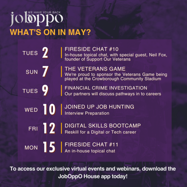 JobOppO's tweet photo. Veterans and Service Leavers
There is plenty going on in May, so please download the JobOppO House app and make the most of the Insight, Introductions & opportunities exclusively available to our network.
#VeteransCan #YourNetwork #VeteranJobs https://t.co/pBH3jerUHE https://t.co/VQnb7ixony