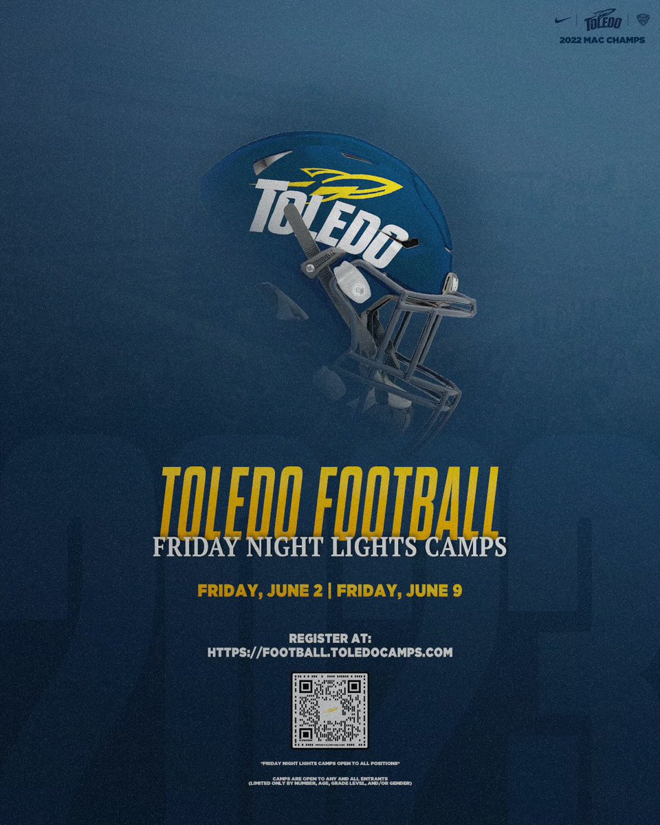 One month to blast off!! Toledo Rockets Football Camps start with Friday Night Lights on June 2 and June 9. All positions. SIGN UP TODAY! utrockets.com/news/2023/2/24… (utrockets.com/news/2023/2/24…) @ToledoFB @CoachCandle