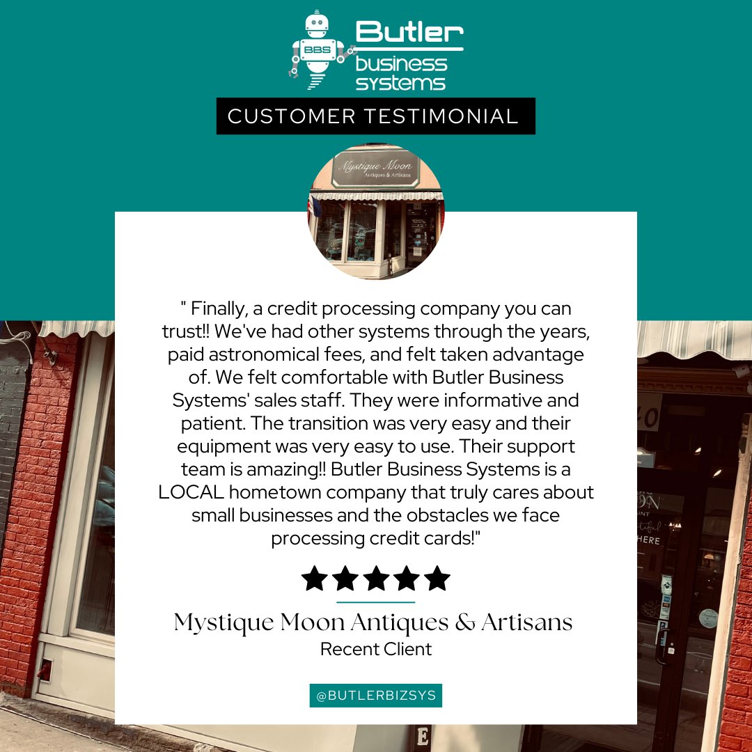 Customer Testimonial Tuesday! Mystique Moon Antiques &amp; Artisans is a great shop located on the main street in Downtown Butler. They house over 50 local artisans and antique vendors all under one roof. They have something for everyone!#customerexperience #butlerbizsys