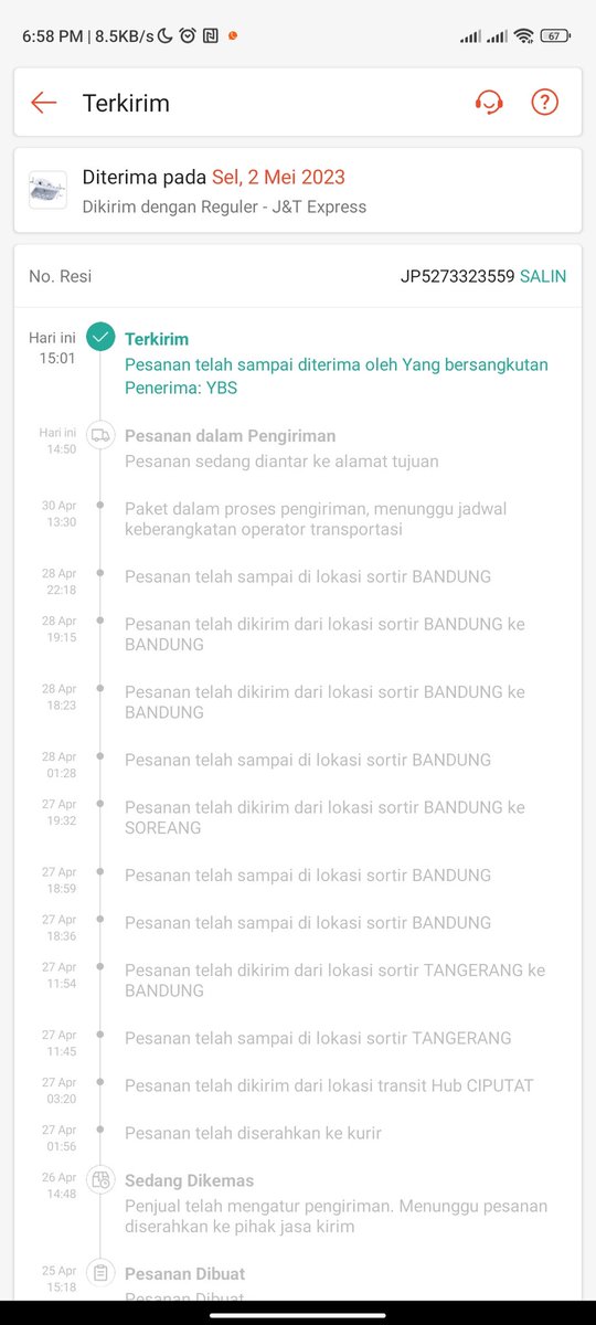 awelia's tweet photo. Halo @jntexpressid bisa cek resi JP5273323559 tertulis sudah diterima. Pdhl blm diterima dan tidak ada bukti foto kurir. https://t.co/7qV1EyRgth