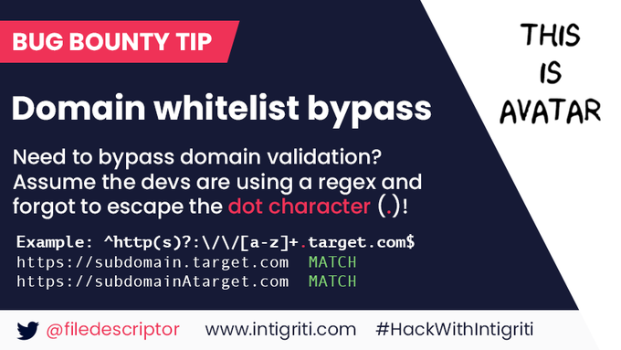 bug_bounty_tips's tweet photo. One character, 5 digit bounties! 💰
This #BugBountyTip from @filedescriptor (@0xReconless) is a classic example of "think like a developer".  👇 #BugBountyTips #HackWithIntigriti https://t.co/lOs75QEGt0