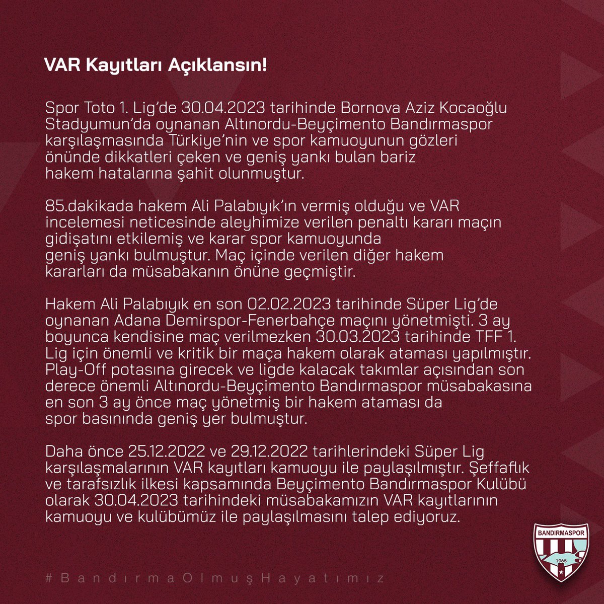 Bandirmaspor's tweet photo. VAR Kayıtları Açıklansın! https://t.co/ssIxVYxBCv