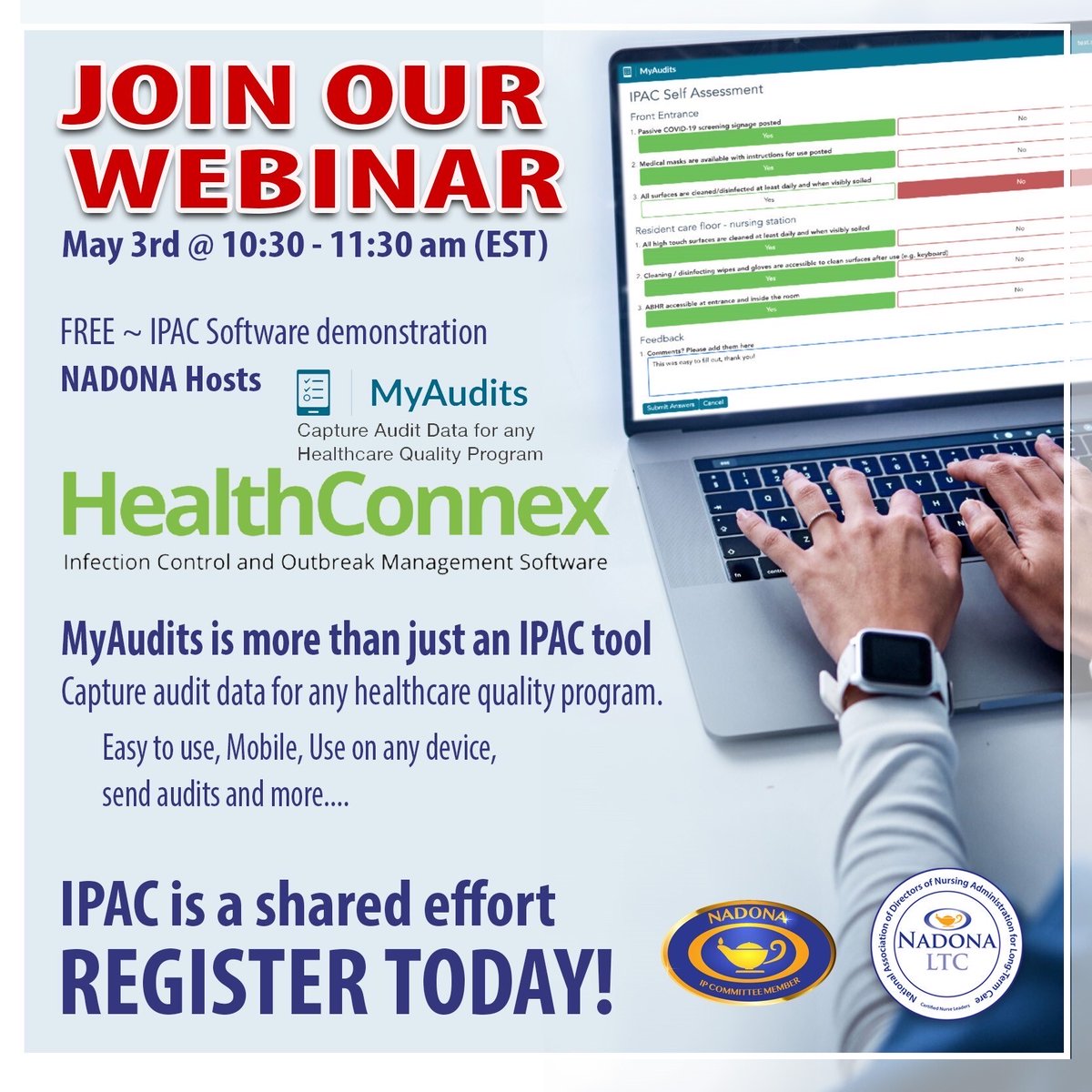 HealthConnexAI's tweet photo. Are you part of NADONA? Join this webinar tomorrow to learn more about our new MyAudits tool that everybody is raving about!

#infectionpreventionandcontrol #seniorcare https://t.co/XH5GHkyNad
