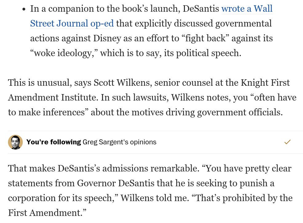 DeSantis and his advisers loaded up his memoir with quotes about how he weaponized the state against Disney, as a selling point to GOP primary voters.

All this is now evidence against him. I went through Disney's lawsuit and pulled out key quotes here:

washingtonpost.com/opinions/2023/…
