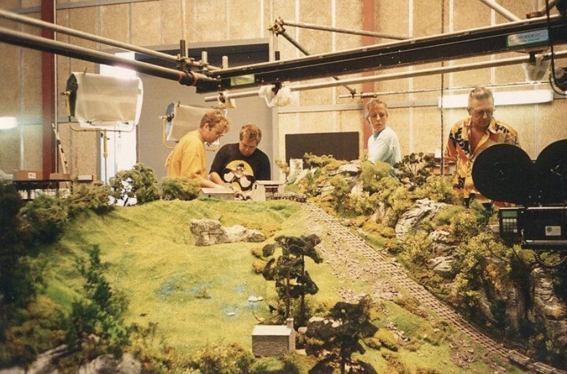 A photo of David Mitton, Robert Gauld-Galliers, David Eves and Gareth Hutchinson working on the slate quarry incline set for ‘Trucks’. The level of detail on display is unbelievable.