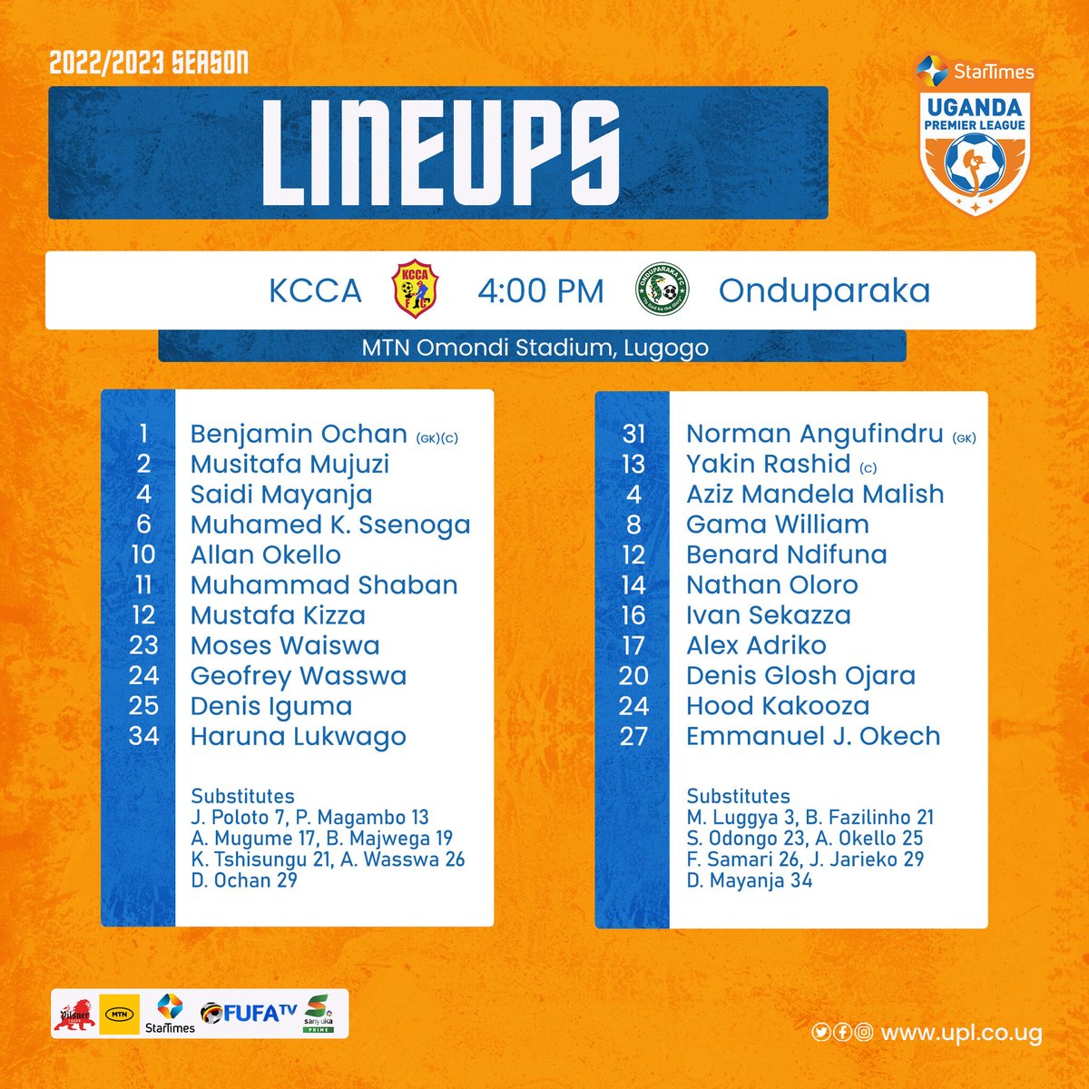 UPL's tweet image. Lineups 📃

KCCA FC v Onduparaka FC

#StarTimesUPL | #KCCOND